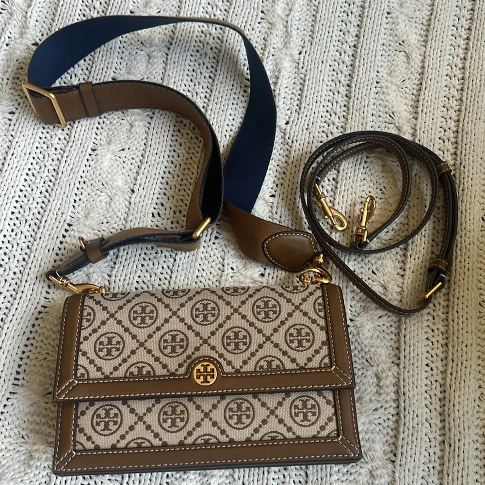 Tory Burch Beige Logo Canvas Crossbody with Brown Trim and Navy Strap